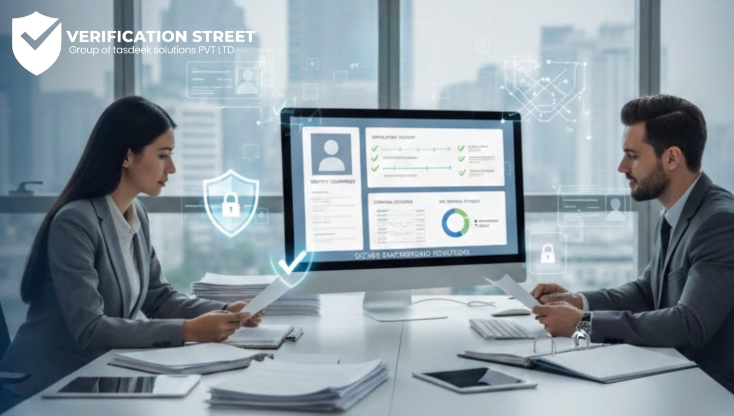 Two HR people checking documents and a computer screen showing employee background verification.