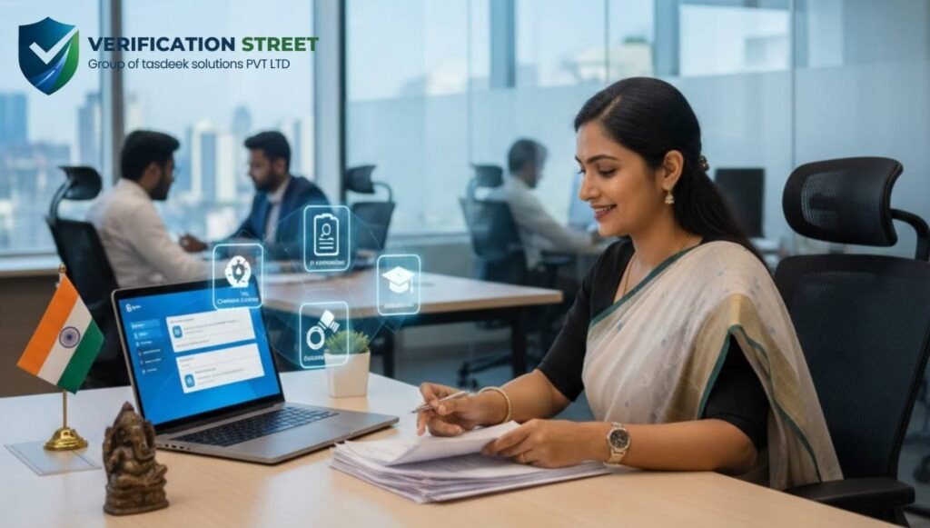 Professional woman reviewing documents on laptop for employee background verification in modern office.