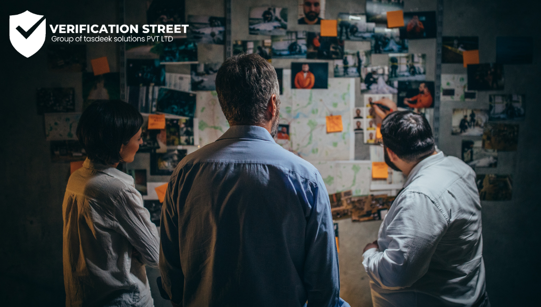 Professionals analyzing evidence and profiles during criminal record checks by Verification Street.