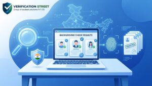 Illustration of a digital background verification process showing a laptop with background check results, identity verification icons, and documents marked as verified, representing Background Check Online India by Verification Street.