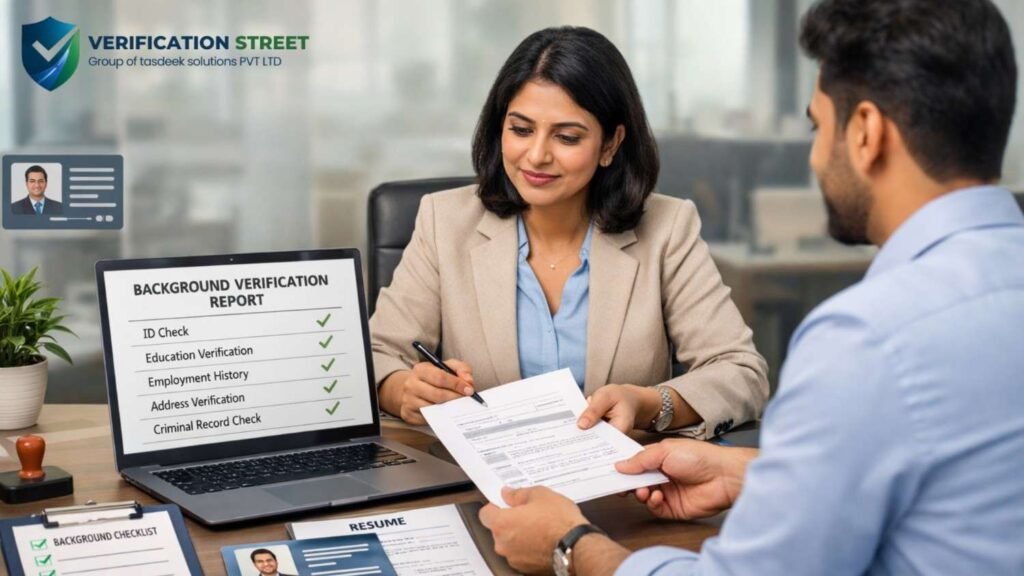 Background verification companies conducting employee background checks as an HR manager reviews documents and verification report with a job candidate in a modern Indian office.