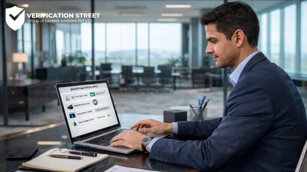 A professional HR manager working on a laptop screen displaying verification reports inside a modern corporate office, representing a Background Verification Company in Gurgaon – Verification Street.