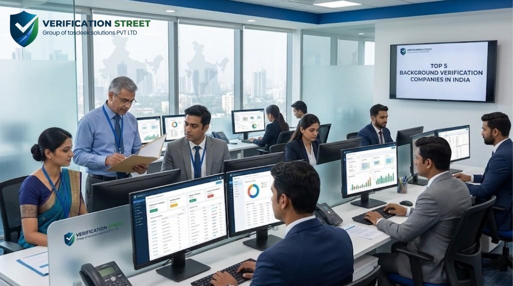 Background Verification Company team conducting employee background checks in a modern Indian corporate office