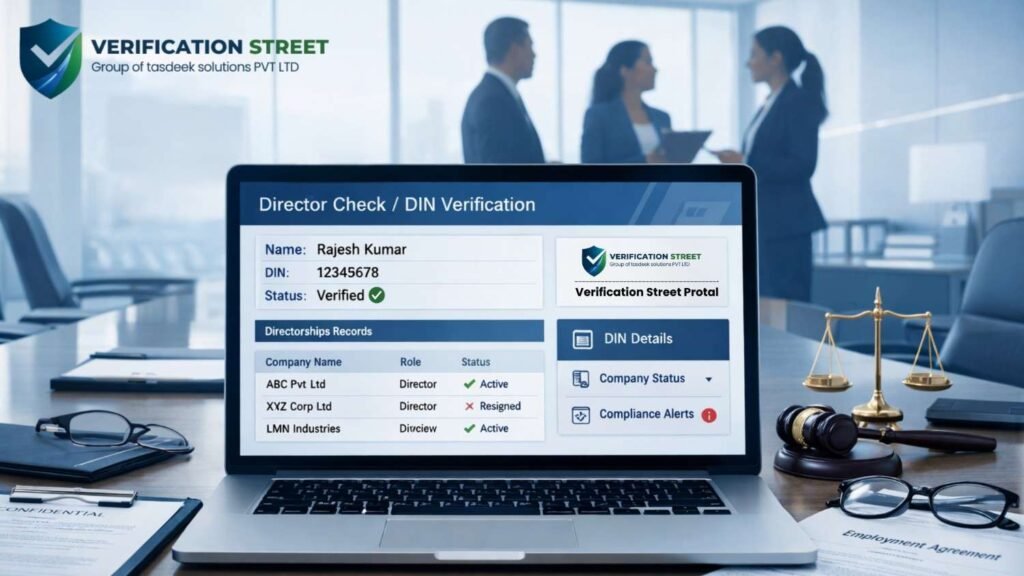 A corporate office desk with a laptop displaying "Director Check / DIN Verification" dashboard for employee screening, showing verification status and company directorship records, representing directorship background verification in India.