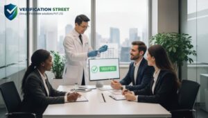 A medical professional demonstrating a drug test screening procedure to business professionals in a modern office setting with a “Verified” sign on a computer screen.