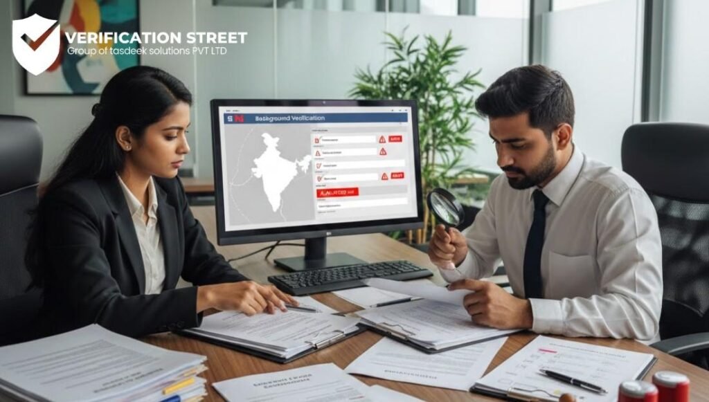 A corporate HR team reviewing documents and verifying employee details on a computer screen to detect Fake Experience Fraud in India.