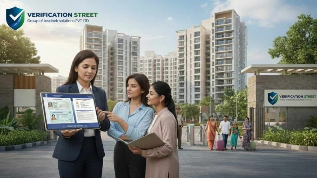 A professional landlord showing tenant identity documents on a digital tablet outside an Indian apartment complex, representing the Tenant Verification process.