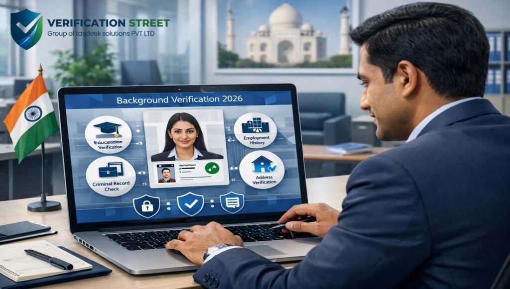 Background checks in India showing an HR professional reviewing employee verification details on a laptop in an Indian corporate office.