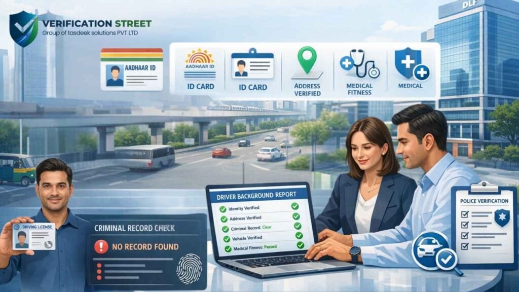 Driver Background Verification in Noida showing HR professionals checking driver ID, criminal record, address, and medical fitness in a digital system.