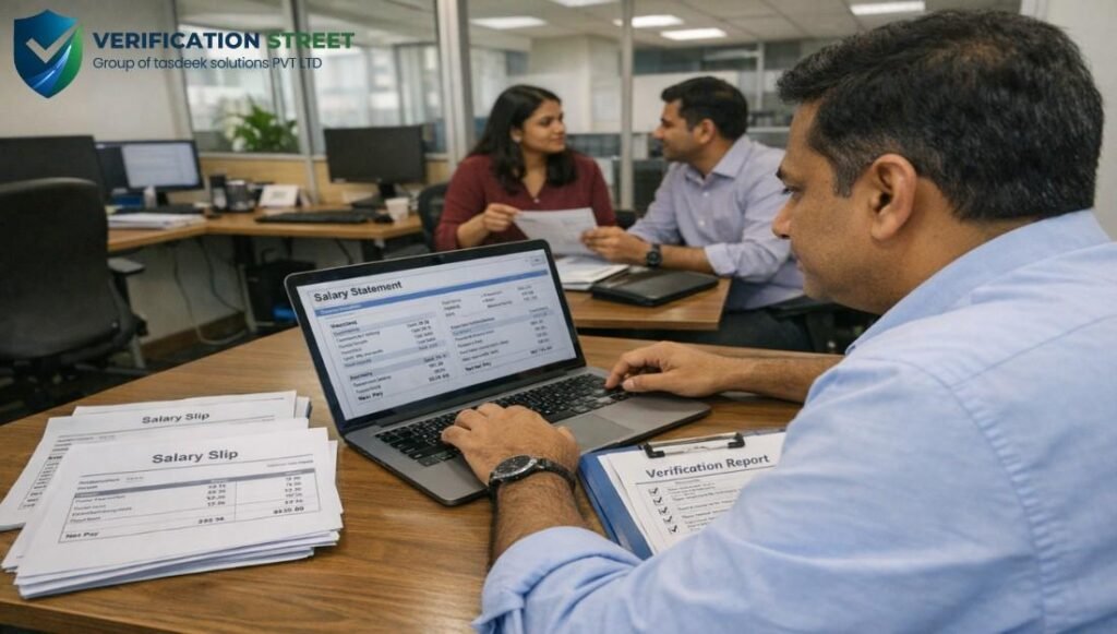 Employee salary verification process checking salary slips and reports in office