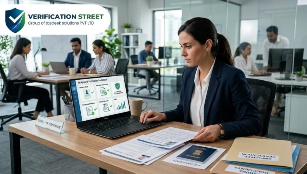 Employee Background Check process in office with HR verifying documents on laptop