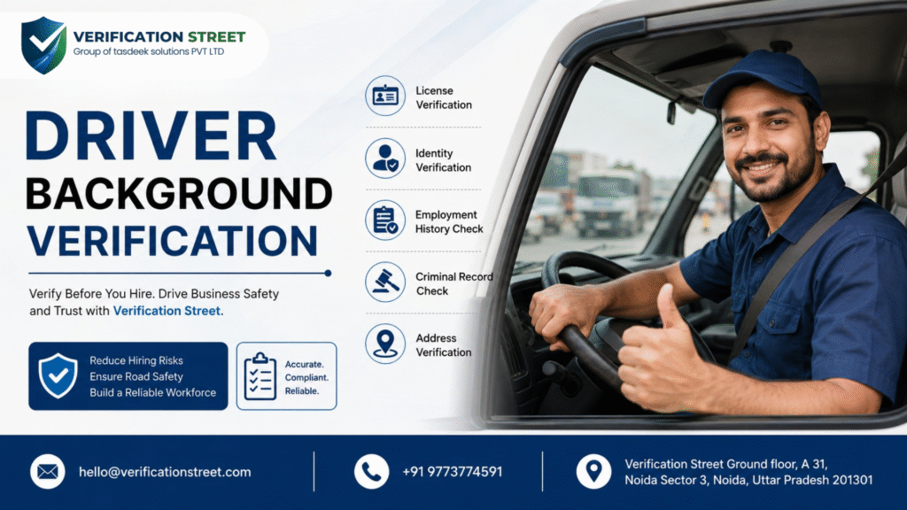 Driver Background Verification process showing Driving Licence Verification, identity check, employment verification, and criminal background screening before hiring.