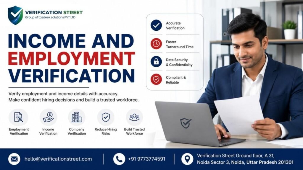 Income and employment verification process helping employers verify salary records, employment history, and reduce hiring fraud in India.