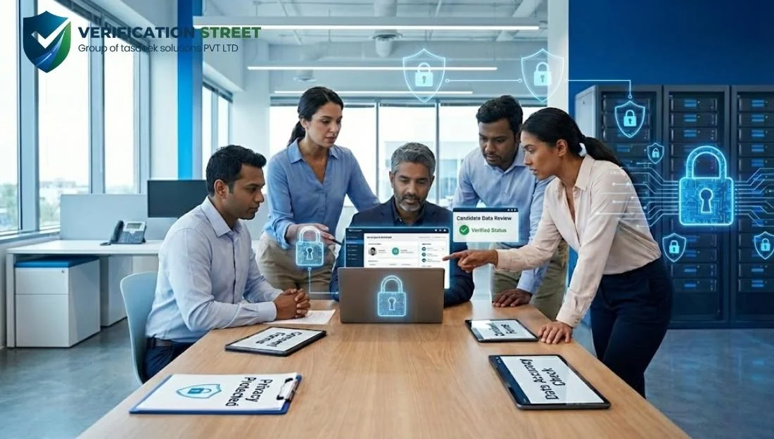 A corporate team reviewing confidential candidate data on a laptop with digital security icons, representing secure Background Checks and data protection.
