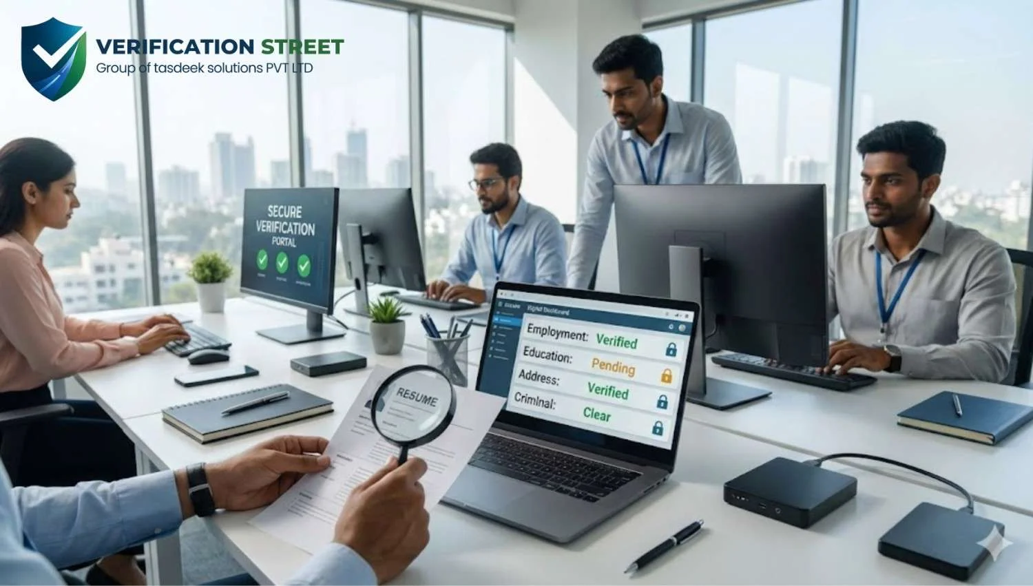 Team of professionals conducting background verification at a modern office in Bangalore.