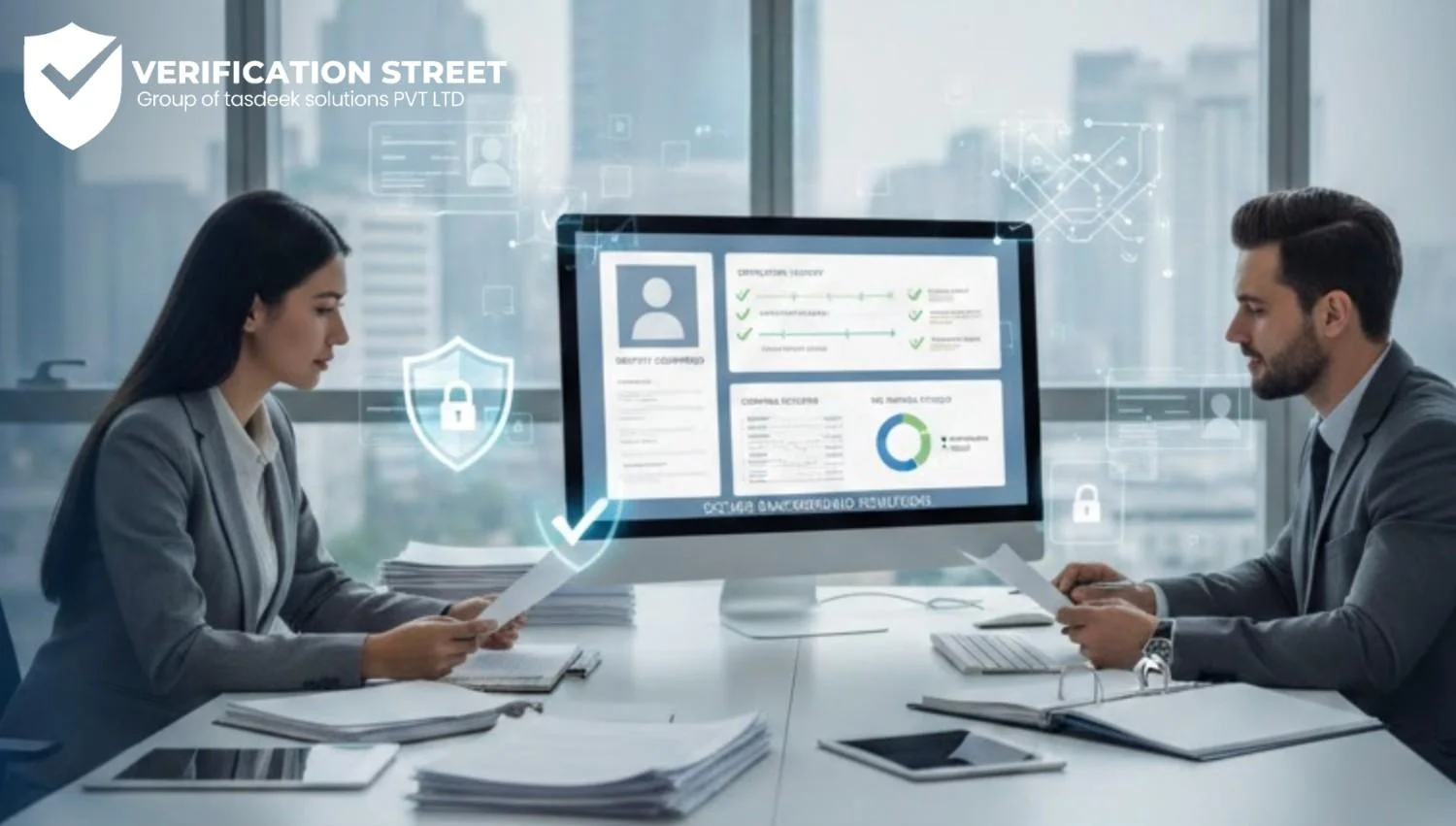 Two HR people checking documents and a computer screen showing employee background verification.