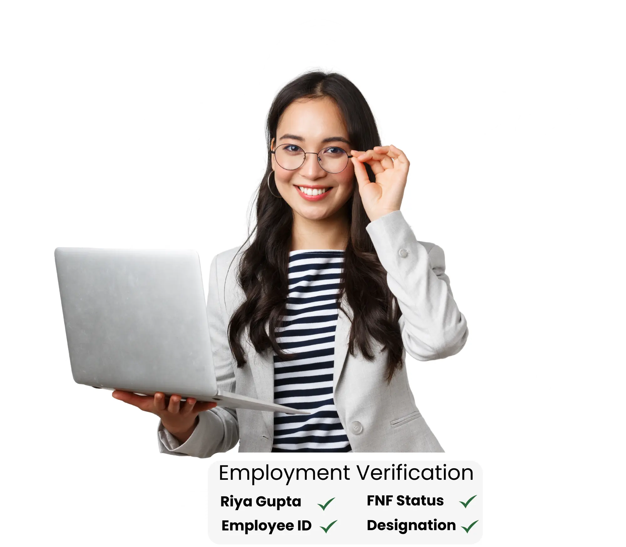 Employment Verification Service showing HR checking employee details on laptop with verified status