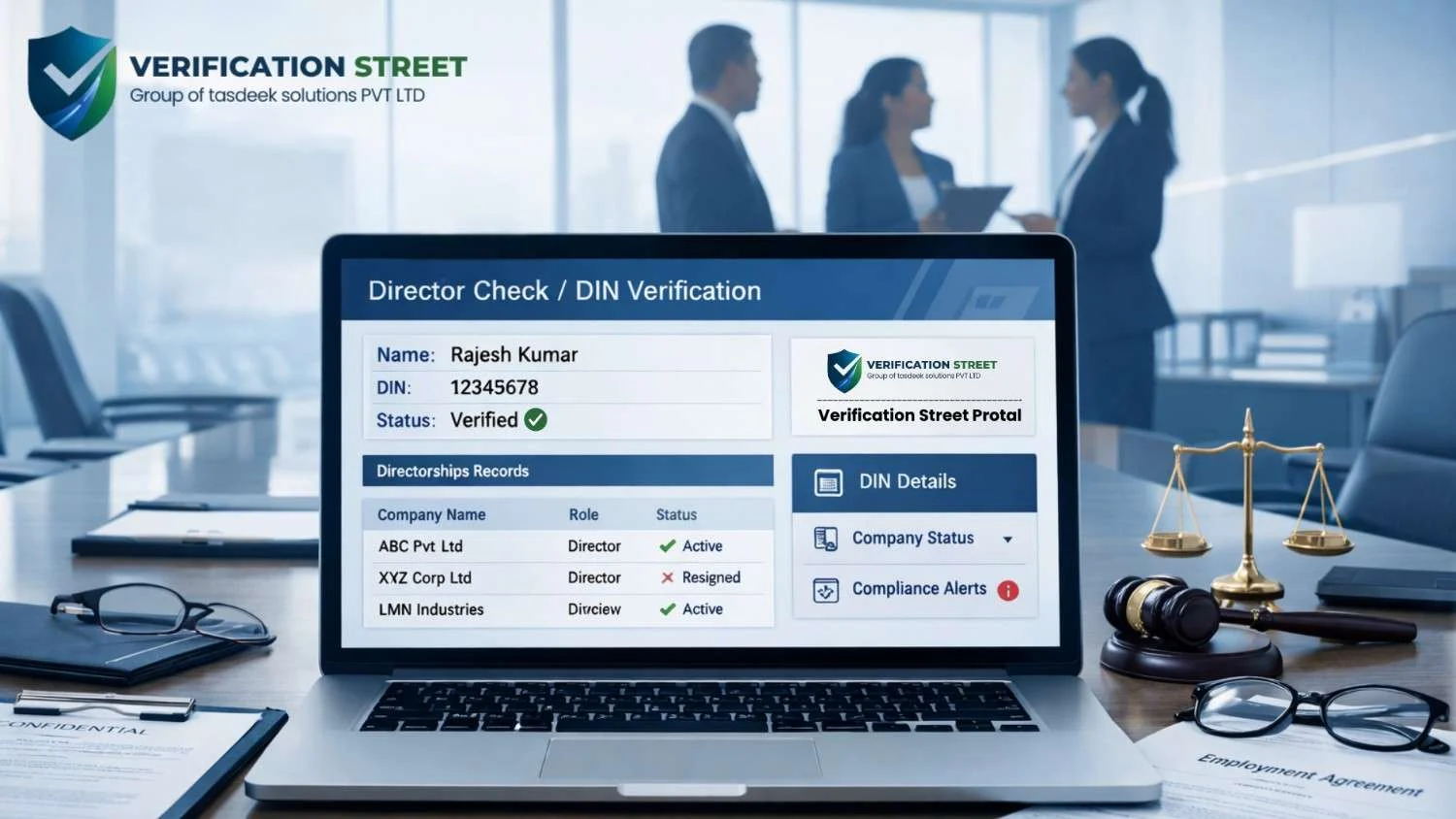 A corporate office desk with a laptop displaying "Director Check / DIN Verification" dashboard for employee screening, showing verification status and company directorship records, representing directorship background verification in India.