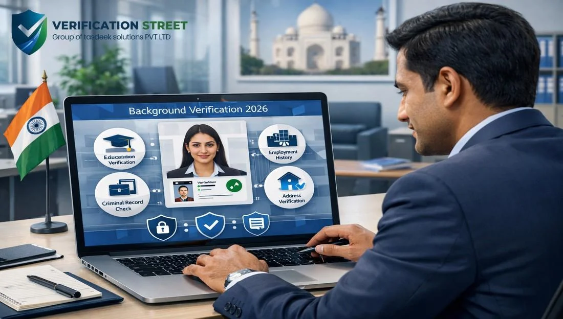 Background checks in India showing an HR professional reviewing employee verification details on a laptop in an Indian corporate office.