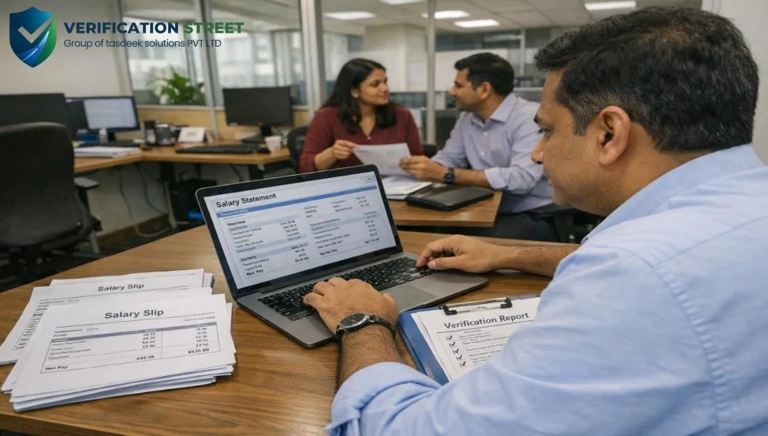 Employee salary verification process checking salary slips and reports in office
