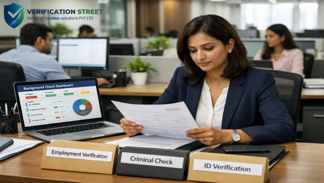 Employment Screening Service showing HR professional verifying employee documents and background checks in office
