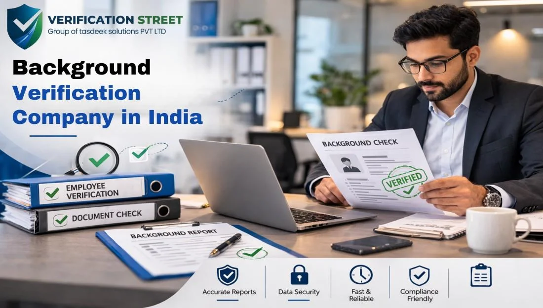 Background Verification Company checking employee documents and reports in a professional office environment.