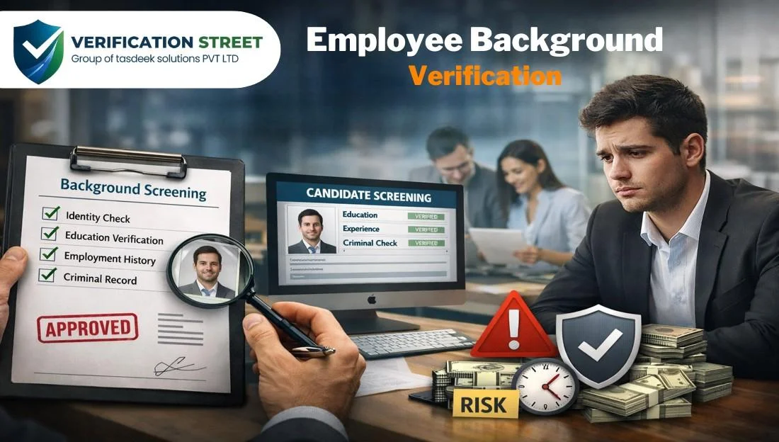 Employee Background Screening process showing candidate verification, documents check, and risk assessment for hiring