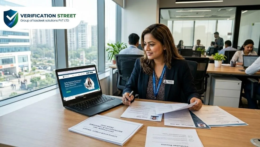 Employee reviewing documents during employment background screening in a modern office environment