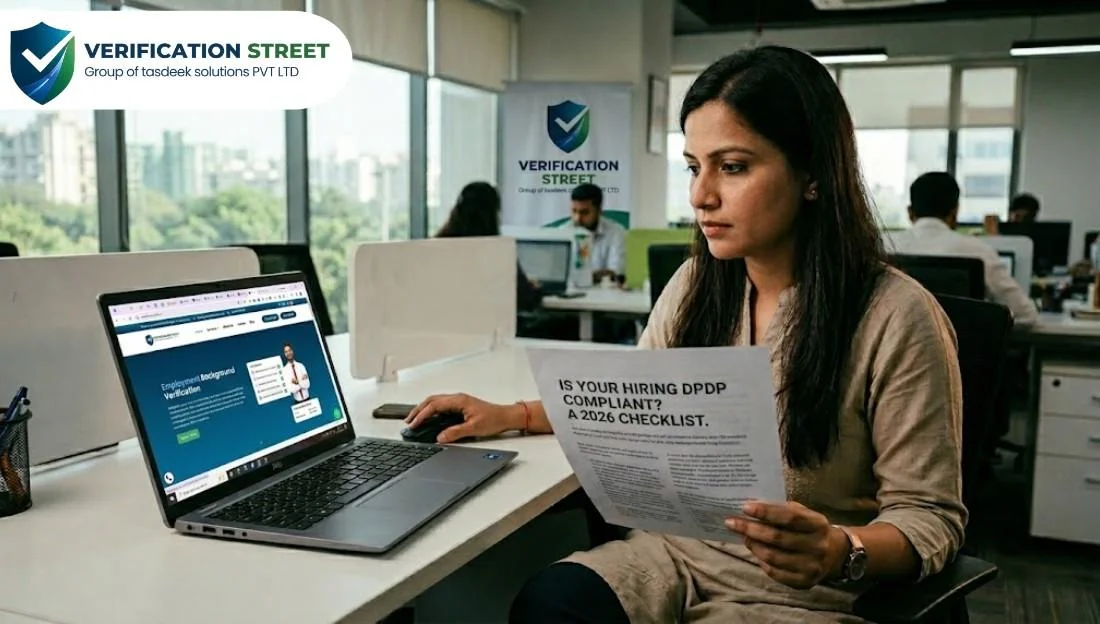 A woman looks at a document and a laptop in an office of background screening companies.