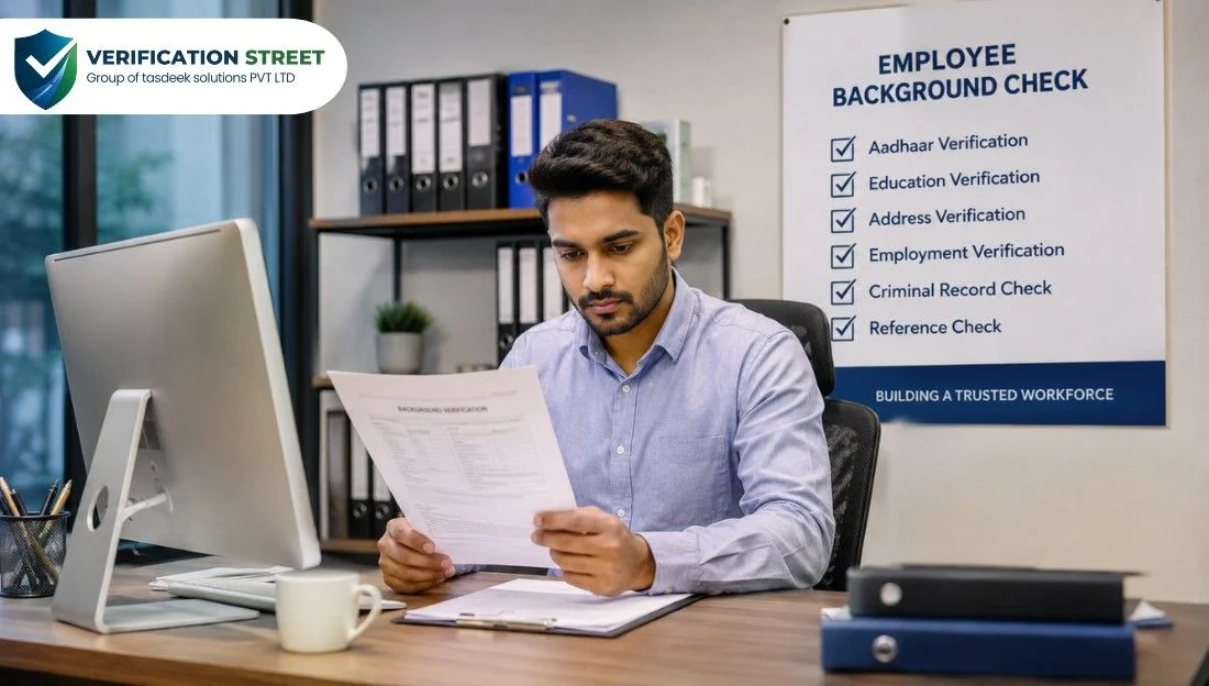 Employee Background Check process in office with HR executive verifying candidate documents