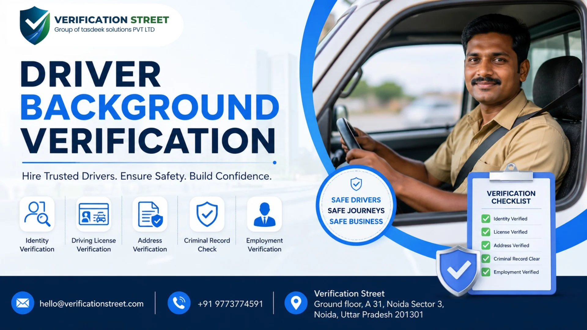 Driver background verification with identity, licence, medical check up, and drug test for safe corporate employee transport.
