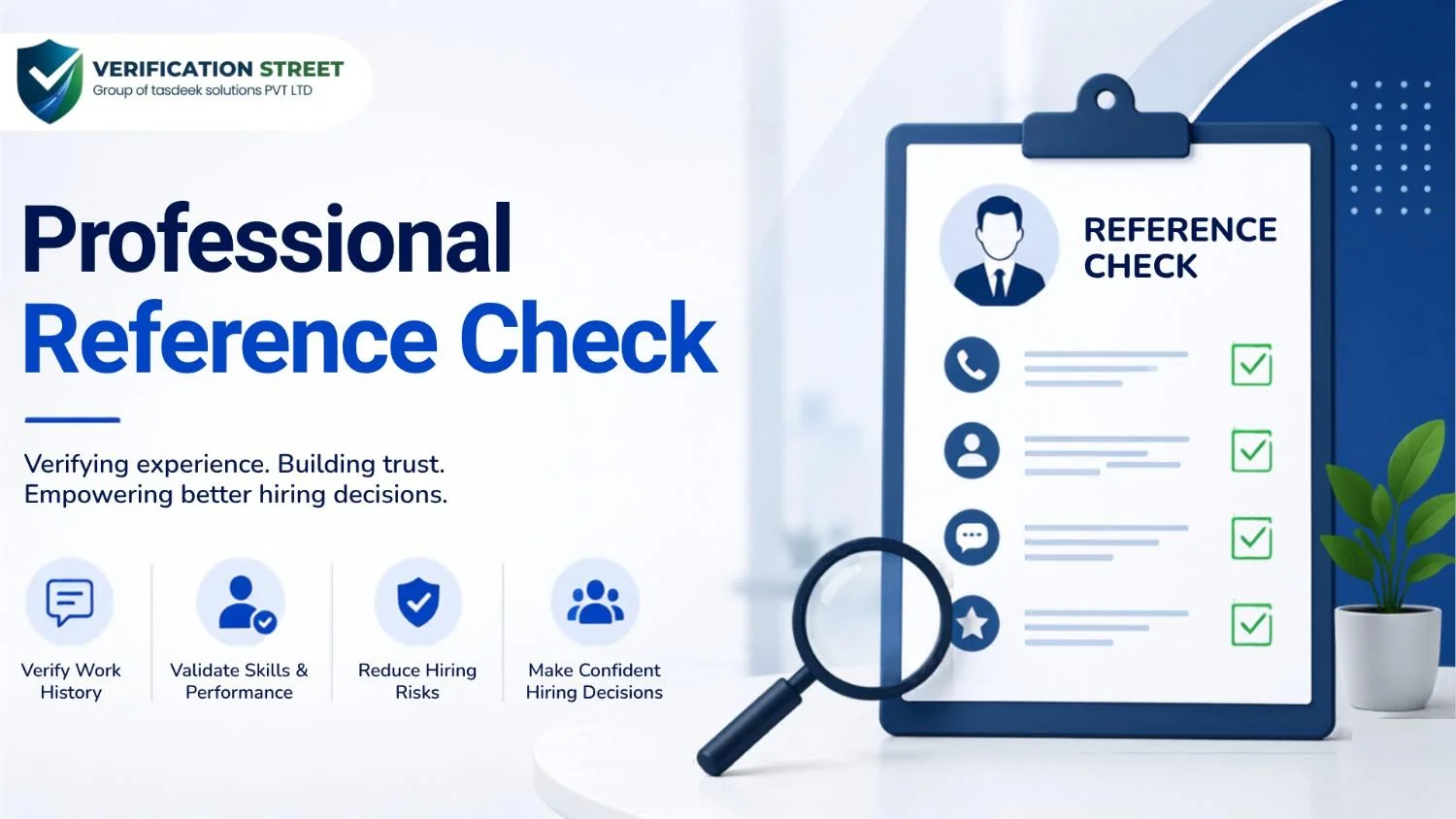 Professional Reference Check process showing candidate verification, employment history validation, and trusted hiring decisions.