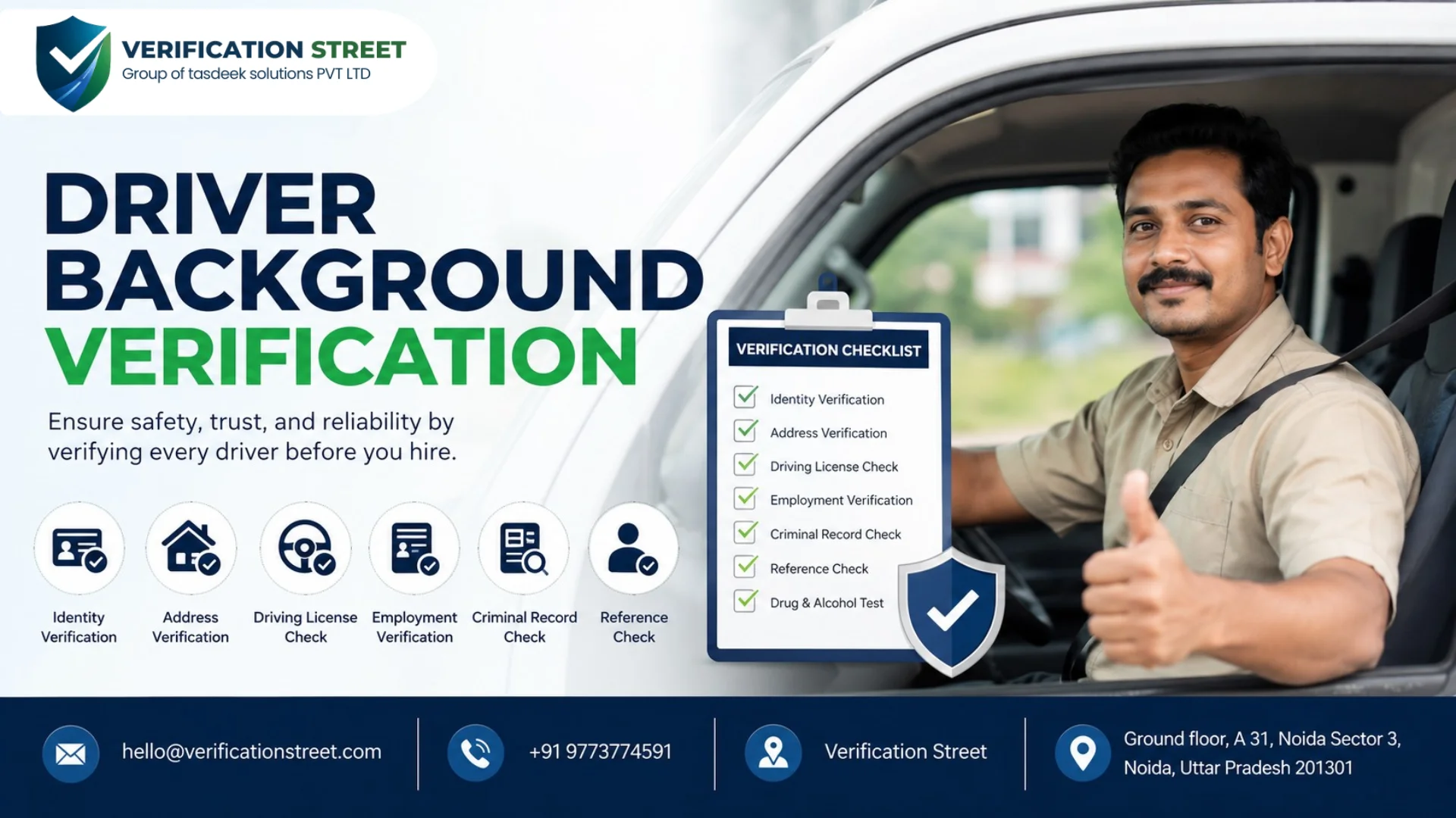 Driver background verification process with identity, license, employment, and criminal record checks for safe hiring.